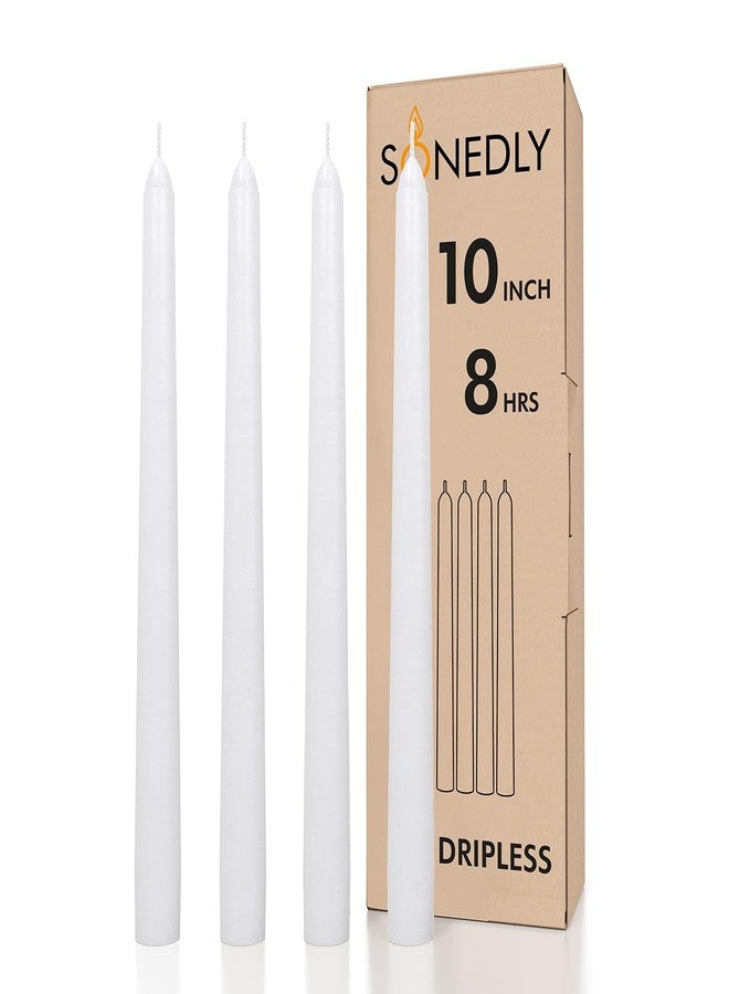 Sonedly 10 inch Taper Candle 4 Pack - Home Interior Long Burning Dripless and Smokeless Unscented Tapered Candles - 8-Hour Burning White - Image 1